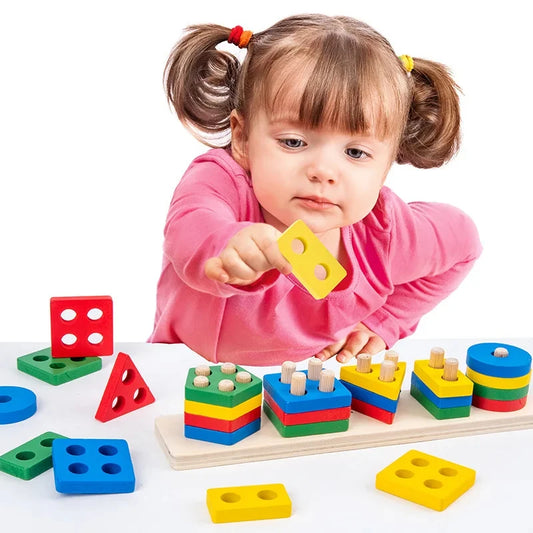 Wooden Geometric Shape Sorter Toddler Math Stacking Puzzle