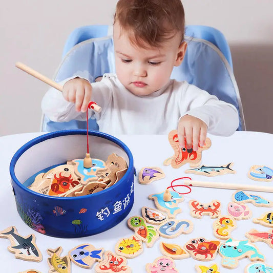 Wooden Magnetic Fishing Game Toy Marine Life Puzzle