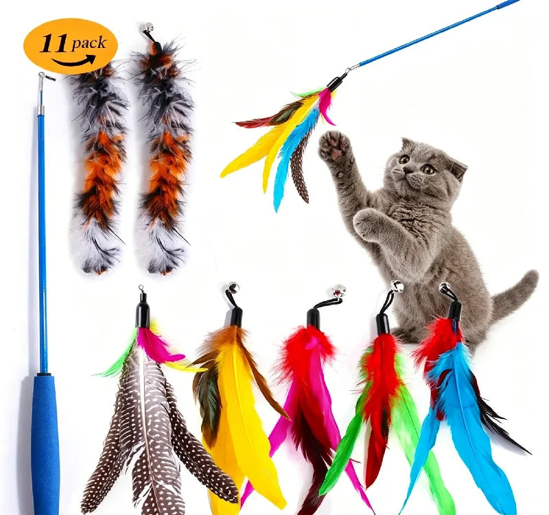 Retractable Cat Feather Wand Toy Set Teaser Stick