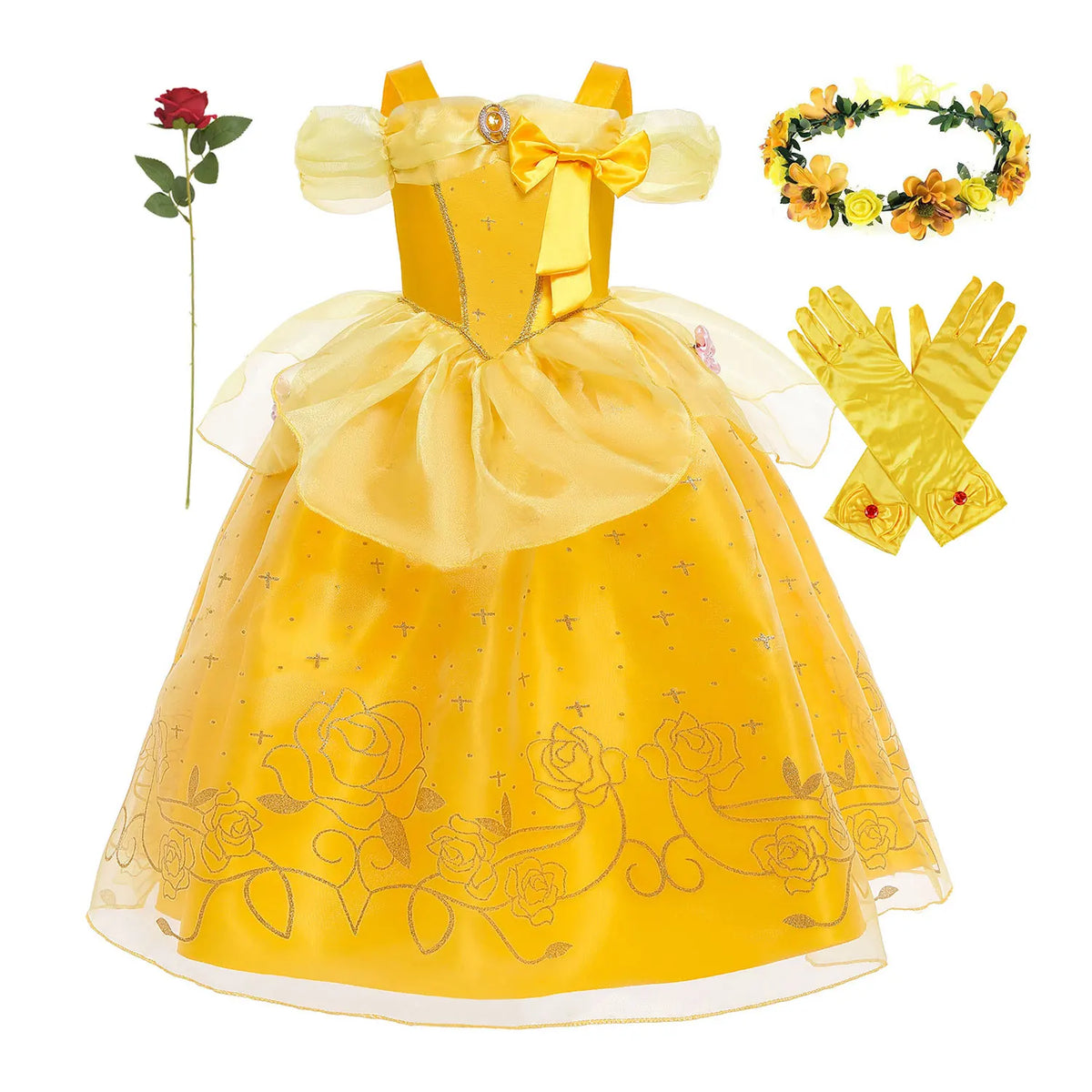 Yellow Princess Halloween Cosplay Dress Kids Carnival Gown