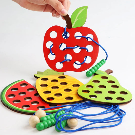 Wooden Lacing Toy Fruit Threading Travel Activity