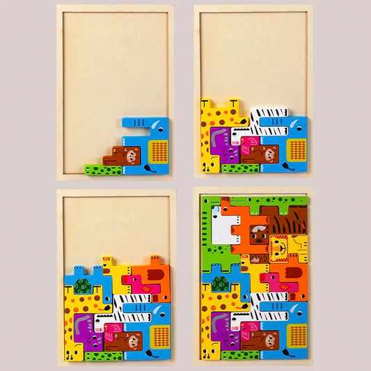 Wooden Russian Blocks Puzzle Animal Transportation Toy