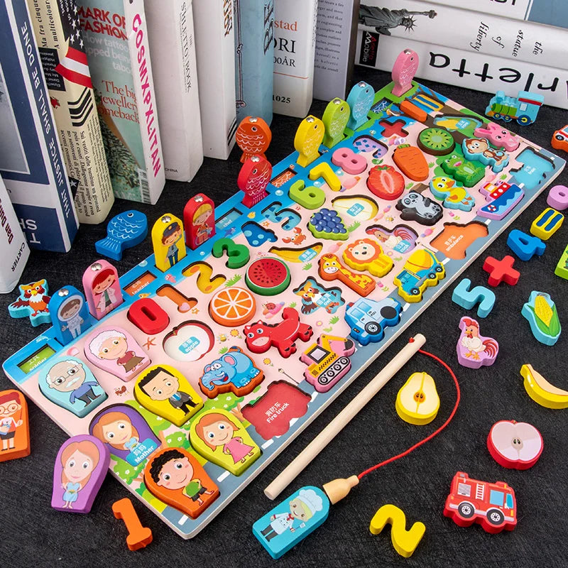 Wooden Montessori Math Fishing Board Digital Shape Sorter