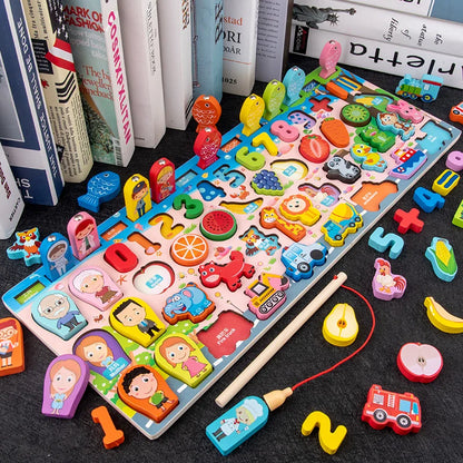 Wooden Montessori Math Fishing Board Digital Shape Sorter