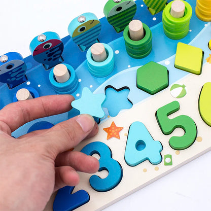 Wooden Montessori Math Fishing Board Digital Shape Sorter