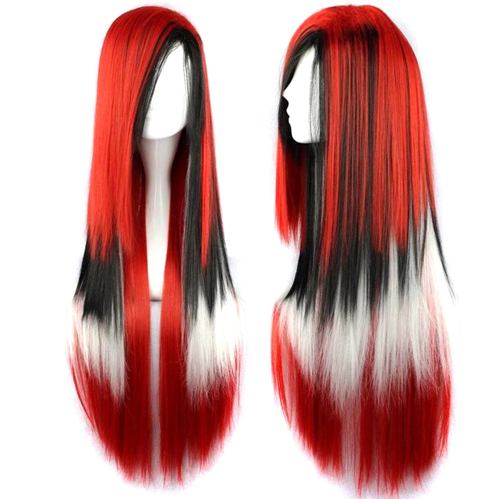 Soowee Synthetic Hair Ombre Rainbow Cosplay Wig with Bangs Red Yellow Purple Green Blue Wigs for Black Women