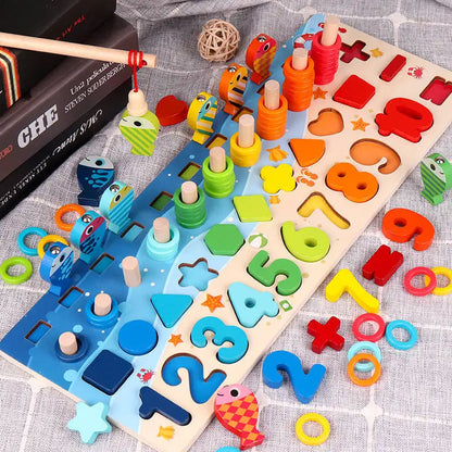 Wooden Montessori Math Fishing Board Digital Shape Sorter