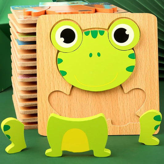 3D Wooden Animal Puzzle: Toddler Cartoon Jigsaw Early Learning Cognition Game