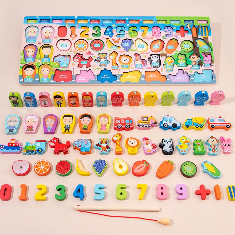 Wooden Montessori Math Fishing Board Digital Shape Sorter