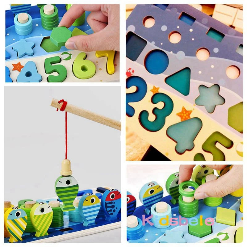 Wooden Montessori Math Fishing Board Shape Sorter Toy