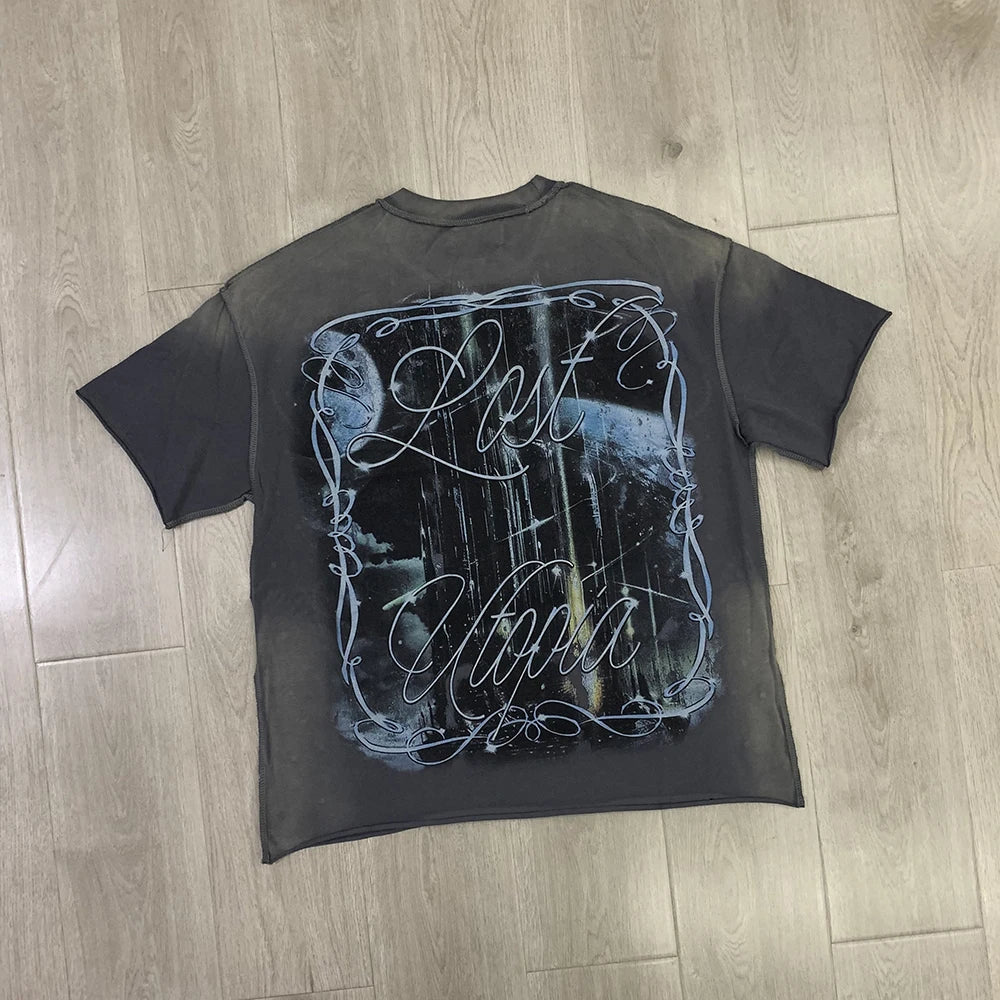 Vintage Washed Diamond Cropped Tee Streetwear Oversized T Shirt
