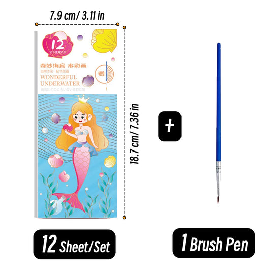 12 Sheets/Set Portable Watercolor Painting Book Coloring Book With Paint Brush Book Kids Graffiti Picture Drawing Stationery