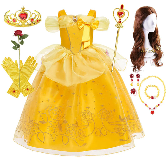 Yellow Princess Halloween Cosplay Dress Kids Carnival Gown