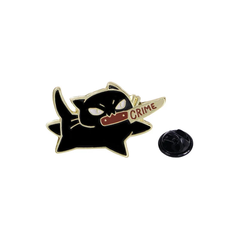 1pc Cute Cartoon Black Cat Enamel Brooch Creative Animal With A Knife In Mouth Lapel Pin Badge Backpack Clothing Hat Accessories