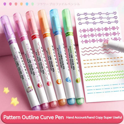 Flower Line Curve Liner Highlighter Set Roller Tip Markers 6Pcs