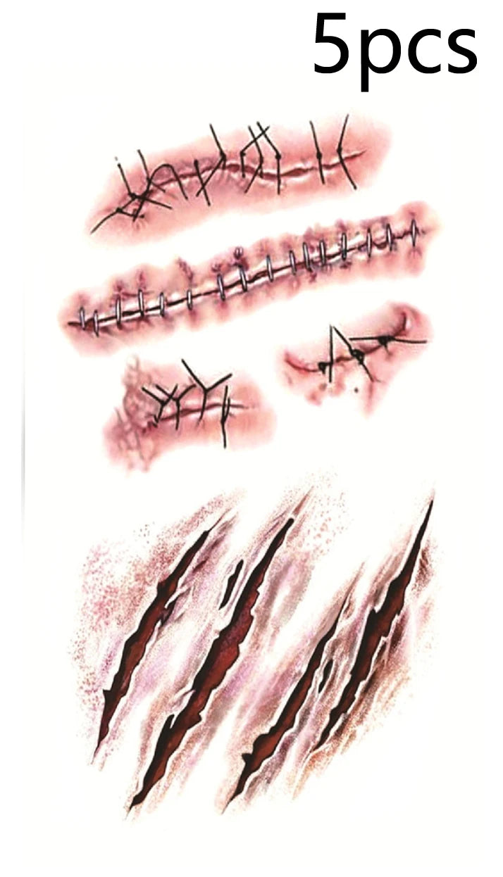 5/10pcs Halloween Scar Temporary Tattoo Stickers Red Blood Clot Face Tattoo Waterproof Cosplay Gifts For Men Women Party Decor