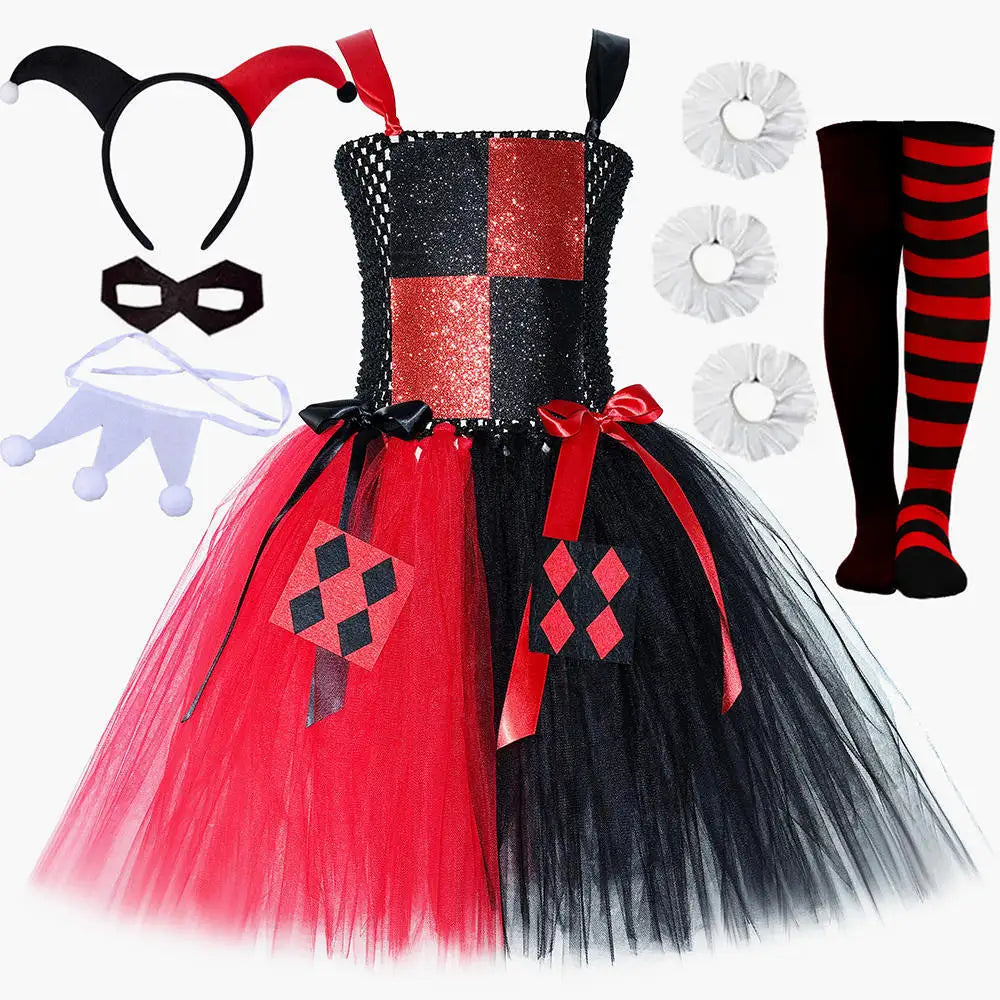 Red Black Clown Halloween Costume for Girls Circus Performance Fancy Dress for Kids Carnival Party Outfit Children Joker Clothes