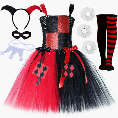 Red Black Clown Halloween Costume for Girls Circus Performance Fancy Dress for Kids Carnival Party Outfit Children Joker Clothes