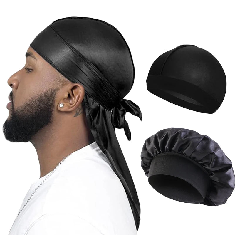 3PCS/LOT Women Men Silky Durag Long Tail Pirate Hat Elastic Bonnet Turban Dome Cap Unisex Bandanas Sleeping Shower Cap Head Wrap