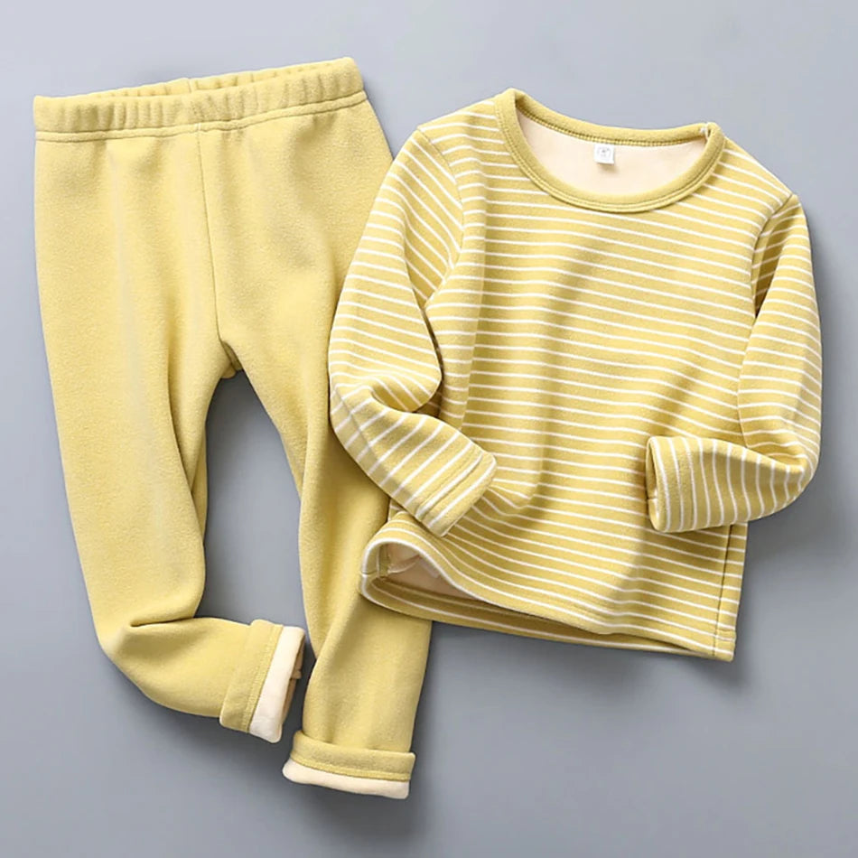 Plush Lined Children Striped Pajama Set Warm Homewear