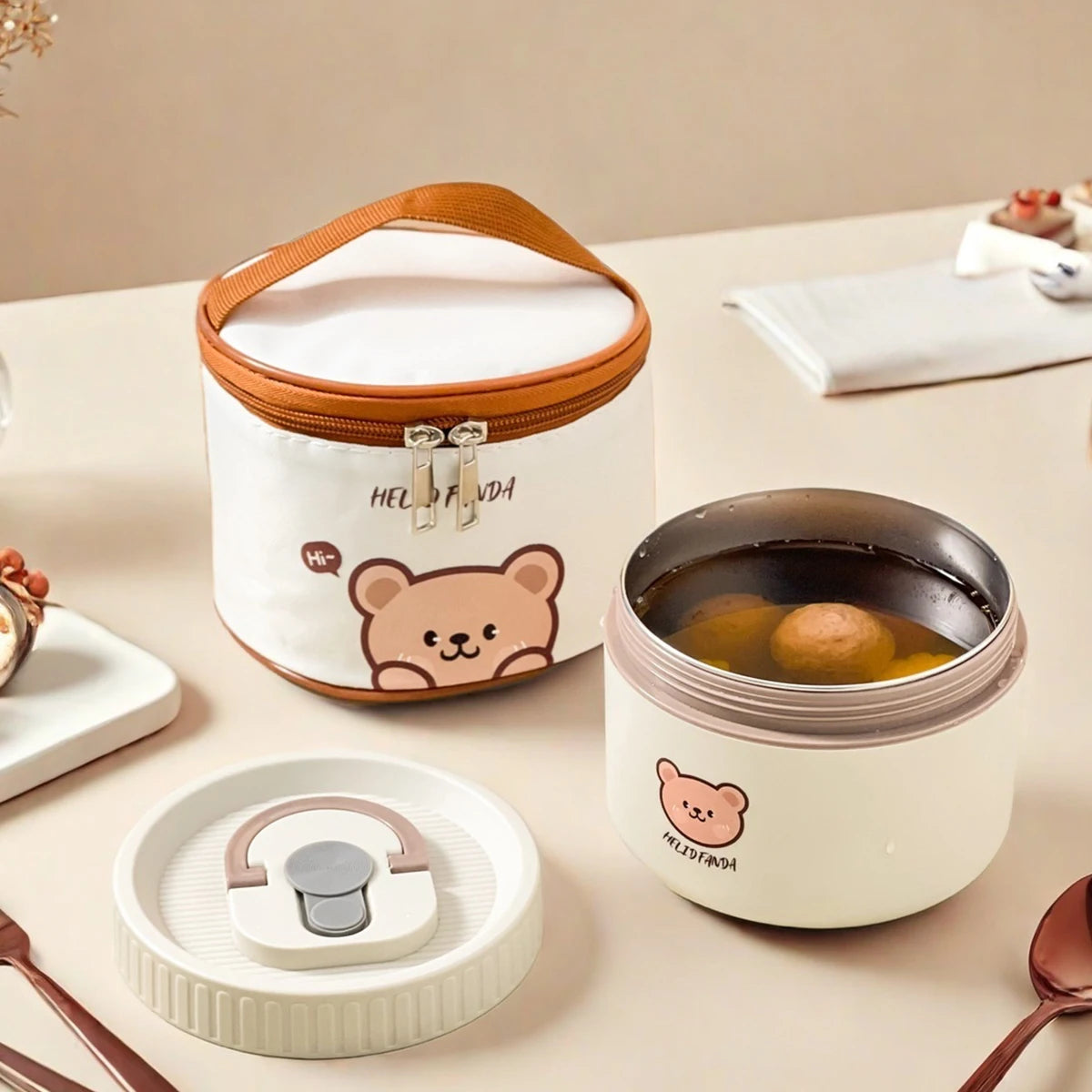 WORTHBUY Portable Cute Bear 304 Stainless Steel Insulated Bento Lunch Box Microwave Sealed Lunch Container For Kids  Students