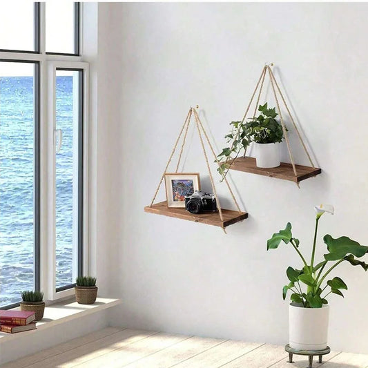 Wooden Swing Hanging Hemp Rope Shelf Floating Plant Tray