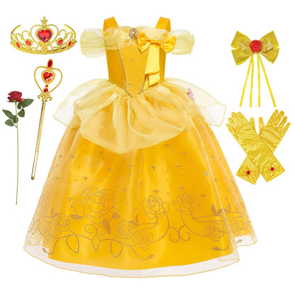 Yellow Princess Halloween Cosplay Dress Kids Carnival Gown
