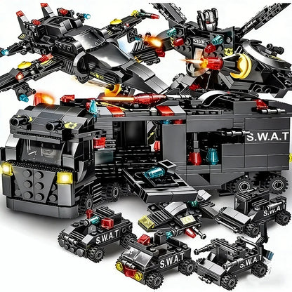 8-in-1 SWAT 585-Piece Set: Police Command Truck and City Helicopter Building Block Kit – Educational Gift Toys