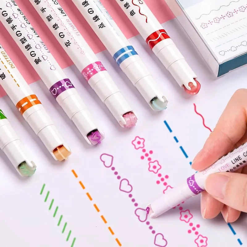 Curve Liner Highlighter Pen Set Roller Tip Pattern Markers 6Pcs