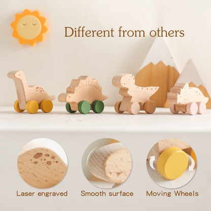 Wooden Baby Car Toy Dinosaur Teething Toy for Toddlers