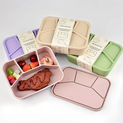 Silicone Bento Box,FourCompartments,Reusable Silicone Lunch Box,Thickened and Leak-Proof Food-Grade Divided Lunch back to school