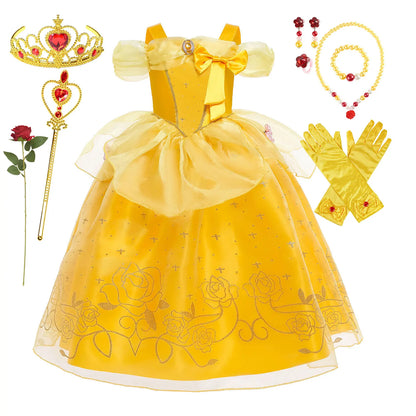 Yellow Princess Halloween Cosplay Dress Kids Carnival Gown
