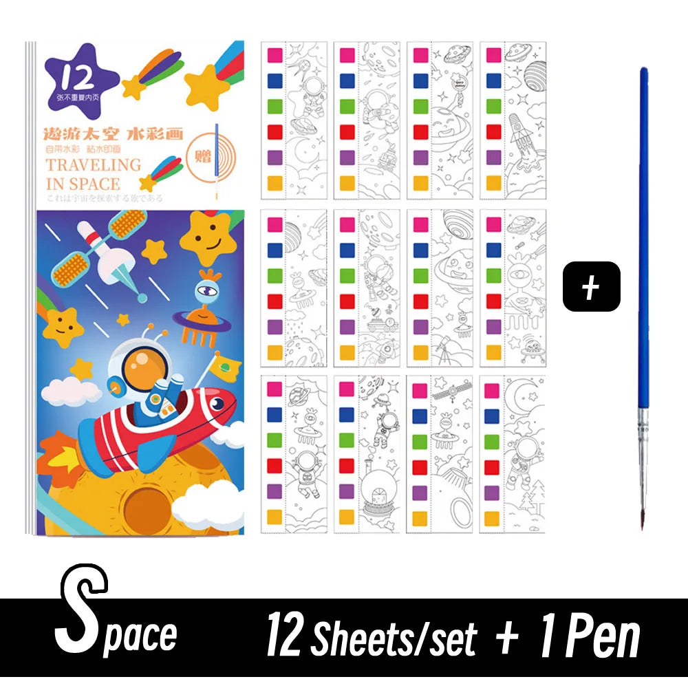 12 Sheets/Set Portable Watercolor Painting Book Coloring Book With Paint Brush Book Kids Graffiti Picture Drawing Stationery