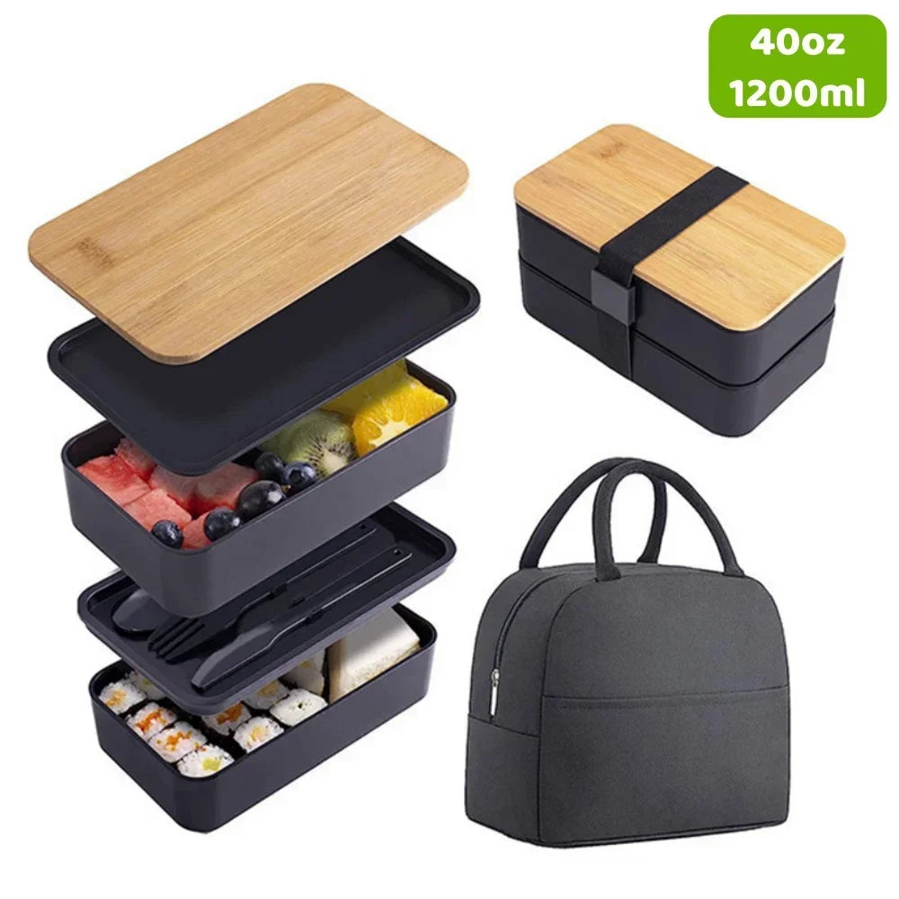 2 Tier Stackable Bento Lunch Box Leakproof Food Container Set Utensils
