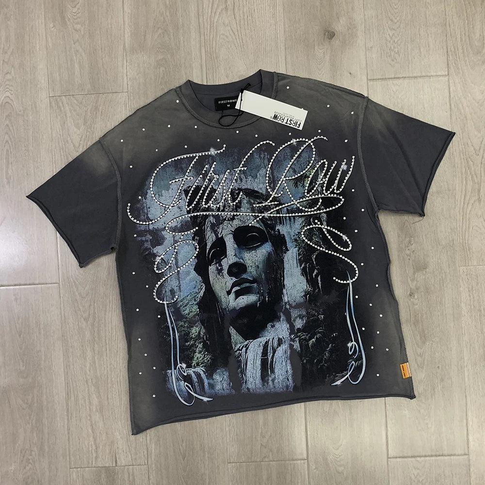 Vintage Washed Diamond Cropped Tee Streetwear Oversized T Shirt