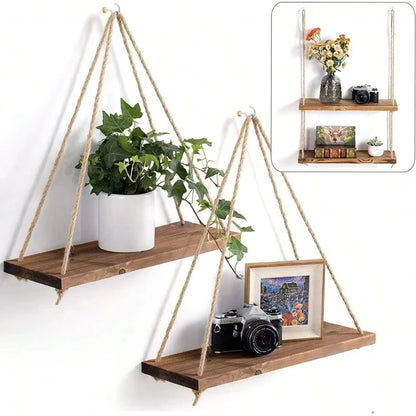 Wooden Swing Hanging Hemp Rope Shelf Floating Plant Tray