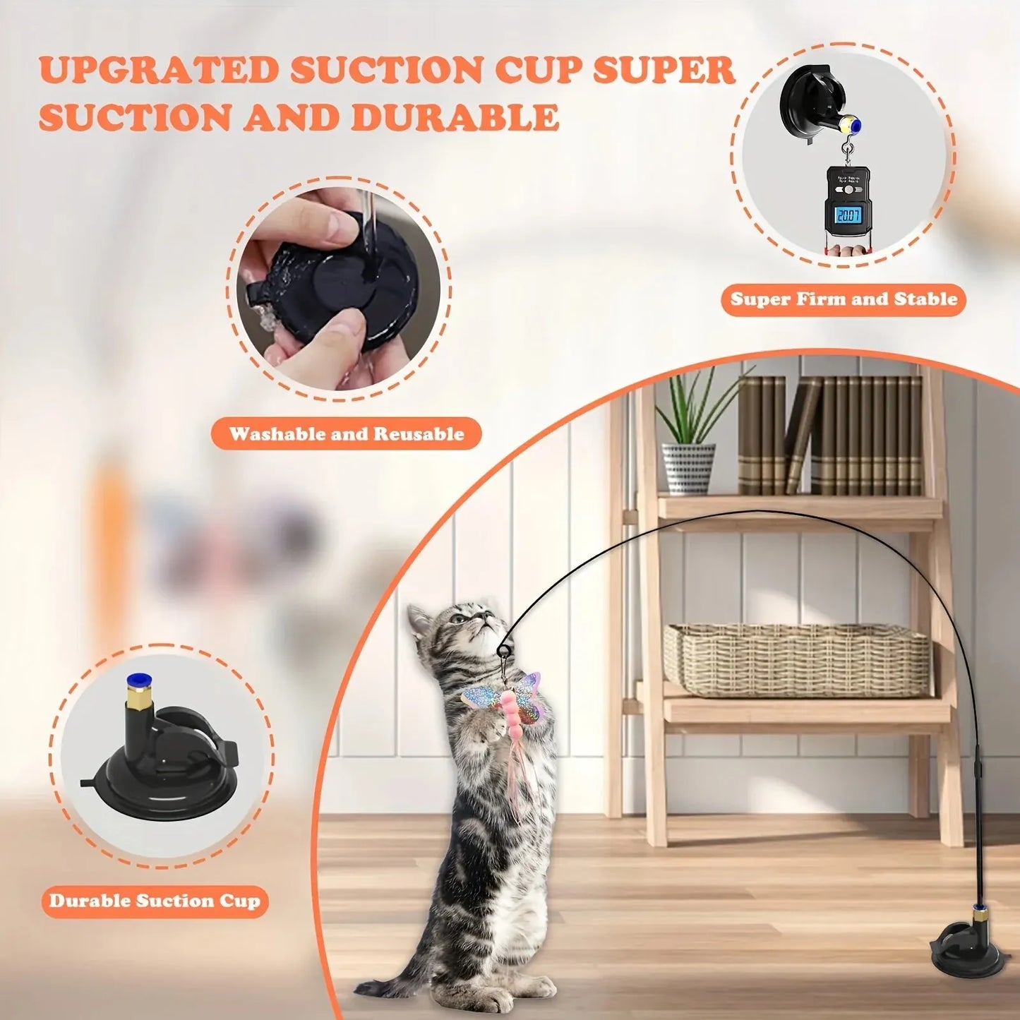 Suction Cup Cat Teaser Wand Interactive Feather Bell