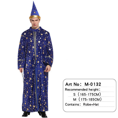 [Halloween Costume for Men and Women] Adult Wizard Cosplay Magician Performance Costume Blue Starry Robe + Pointed Hat Set Stars
