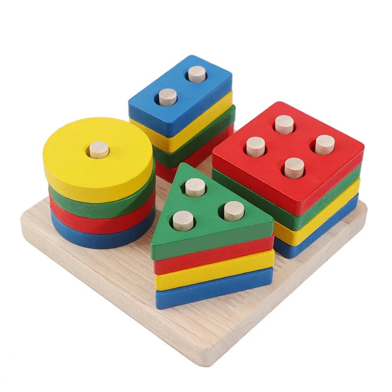 Wooden Geometric Shape Sorter Toddler Math Stacking Puzzle