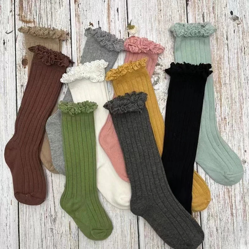 Ruffle Girls Knee High Socks Baby Lace Flower School Uniform