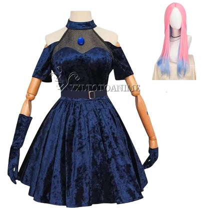 Anime Alien Stage Mizi Sua Cosplay Costume Wig Dark Blue Dress Pink Blue Long Hair Gloves Stockings Belt Set Uniform for Christm