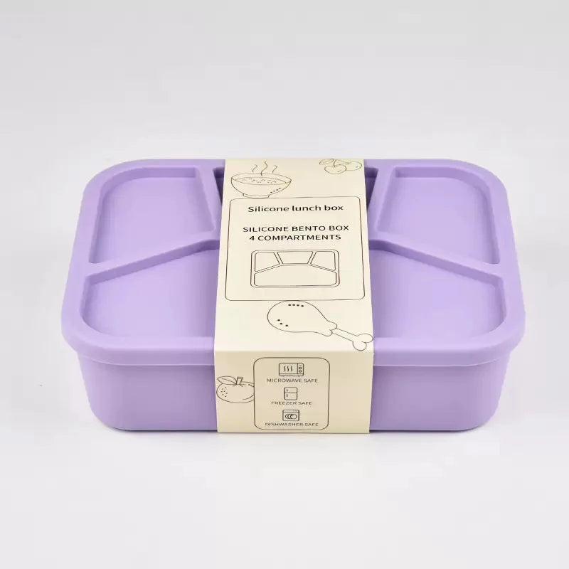 Silicone Bento Box,FourCompartments,Reusable Silicone Lunch Box,Thickened and Leak-Proof Food-Grade Divided Lunch back to school