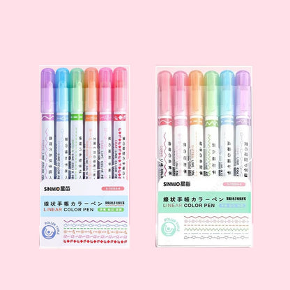 Curve Liner Highlighter Pen Set Roller Tip Pattern Markers 6Pcs