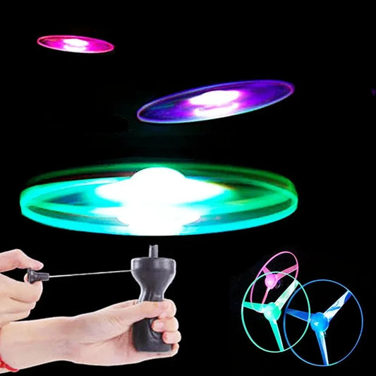 LED Flying Disc Propeller Toy Pull String Luminous UFO