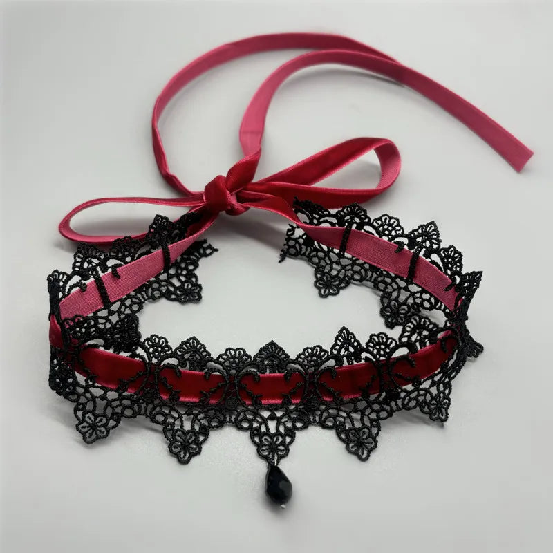 2026 New Sexy Lace Flower Necklace for Women Gothic Punk Velvet Collar Choker Black Waterdrop Pendent Necklace Strap Bow Jewelry