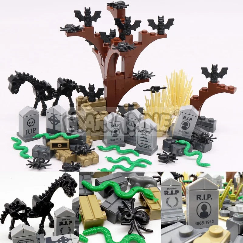 MARUMINE Halloween Building Blocks Set 99-265pcs Graveyard Grave Tombstone Construction Decoration Bricks with Bat Spider Snake
