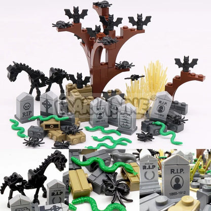 MARUMINE Halloween Building Blocks Set 99-265pcs Graveyard Grave Tombstone Construction Decoration Bricks with Bat Spider Snake