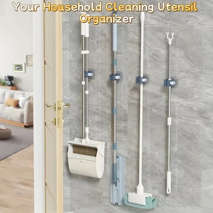 Wall Mounted Mop Broom Holder Punch Free Adhesive Organizer Clip