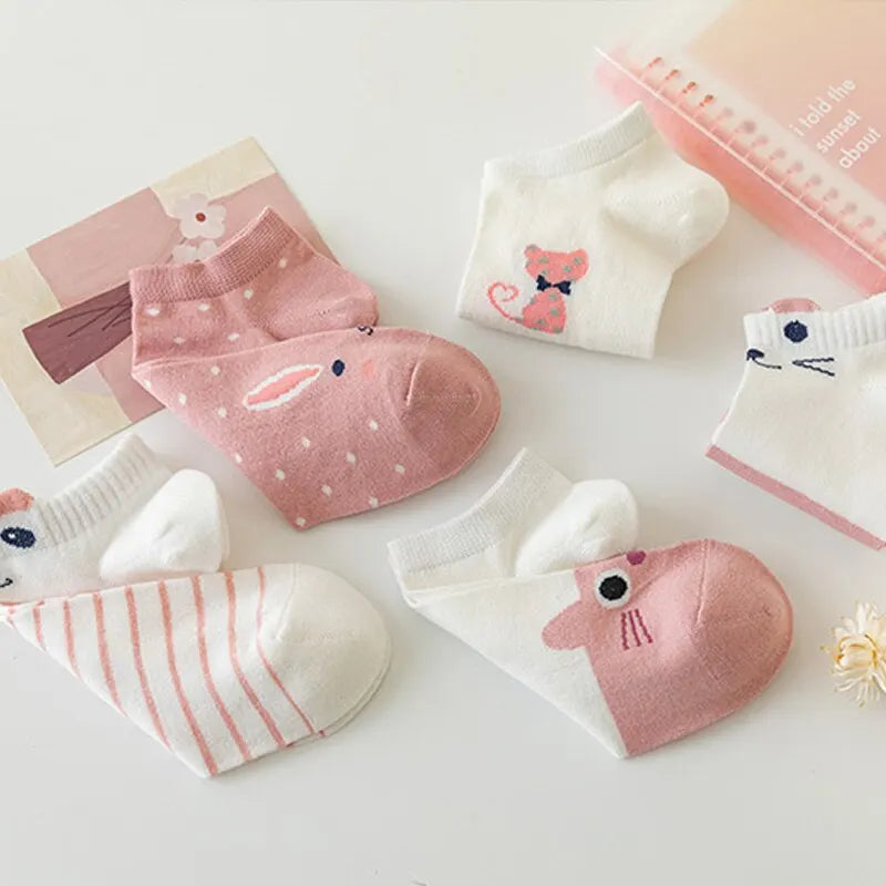 Women Short Tube Socks Pink Cat Cute Boat Socks 5 Pack