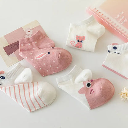 Women Short Tube Socks Pink Cat Cute Boat Socks 5 Pack